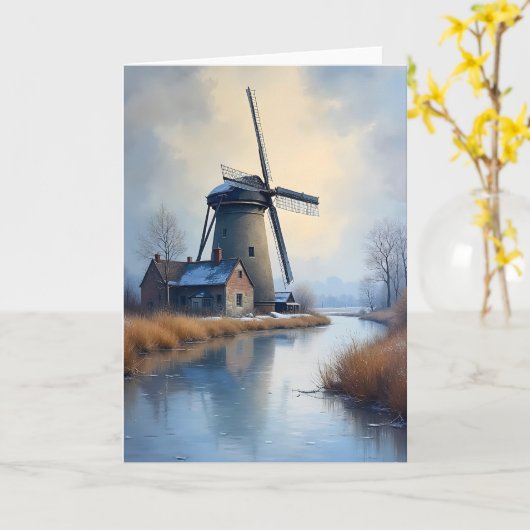 Wintermolen bij het Frozen Canal Blank Greeting Kaart (Gele Bloem)