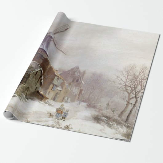  wintermolen sneeuwlandschap cadeaupapier (Uitgerold)