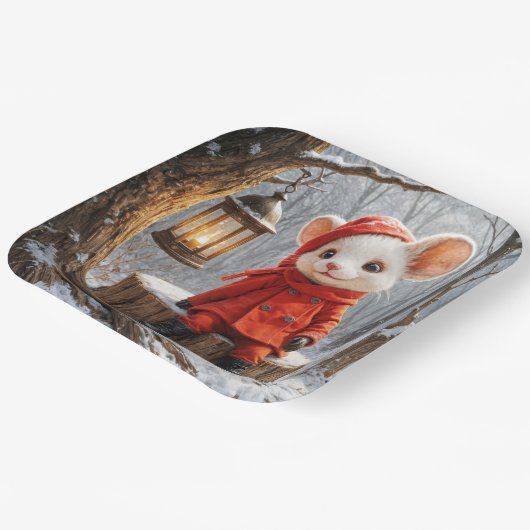 Wintermuis met boslantaarn papieren bordje (Gebogen)