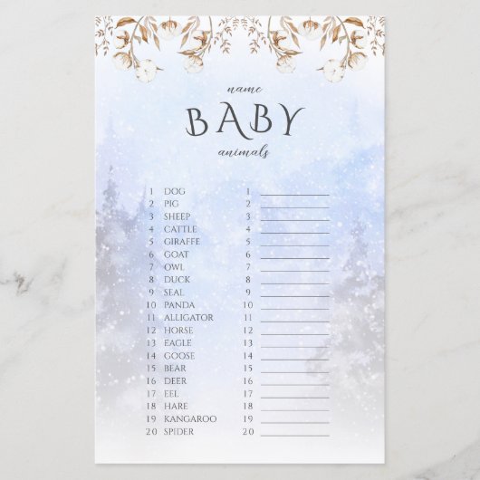 Winternaam Babydieren Baby shower Game (Voorkant)