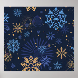 Winternacht: Blauw Sneeuwvlokpatroon. Poster