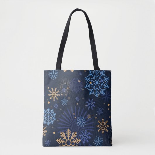 Winternacht: Blauw Sneeuwvlokpatroon. Tote Bag (Voorkant)