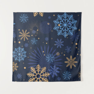 Winternacht: Blauw Sneeuwvlokpatroon. Wandkleed