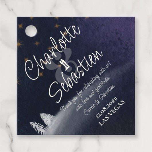 Winternacht & dennenboom Moderne Waterverf bruilof Bedankjes Labels (Voorkant)