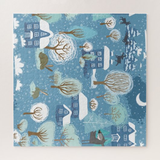 Winternacht  dorpsscène legpuzzel (Horizontaal)