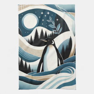 Winternacht in Blauwe Cream Pinguïn Bos Theedoek
