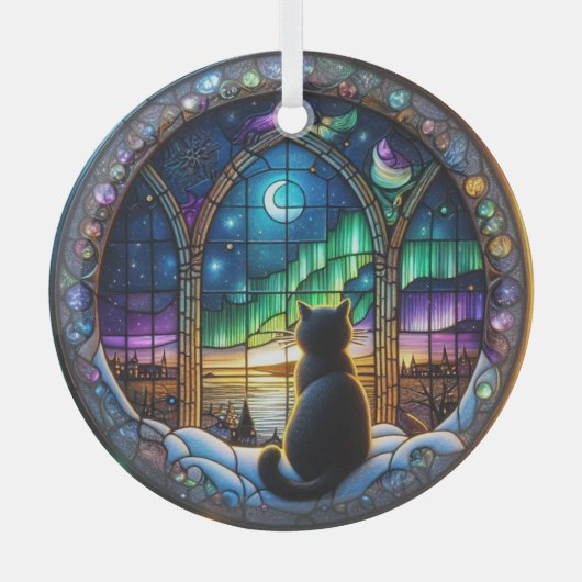 Winternacht Ornament, kat en noorderlicht Glas Ornament (Voorkant)