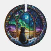 Winternacht Ornament, kat en noorderlicht Glas Ornament (Achterkant)