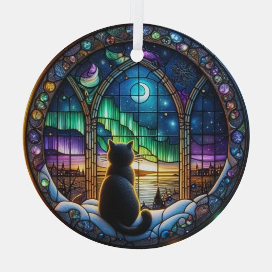 Winternacht Ornament, kat en noorderlicht Glas Ornament (Achterkant)