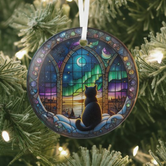 Winternacht Ornament, kat en noorderlicht Glas Ornament (Insitu)