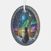 Winternacht Ornament, kat en noorderlicht Glas Ornament (Voorkant links)