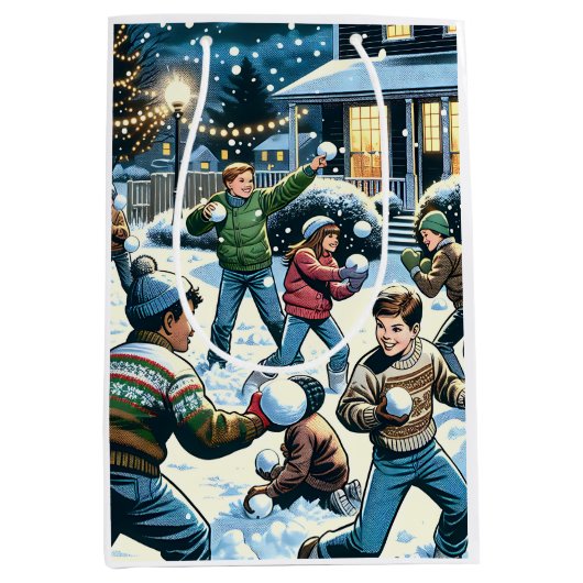 Winternacht Sneeuwbal Vecht Kerstmis Medium Cadeauzakje (Voorkant)