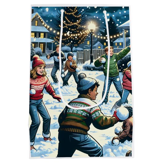 Winternacht Sneeuwbal Vecht Kerstmis Medium Cadeauzakje (Achterkant)