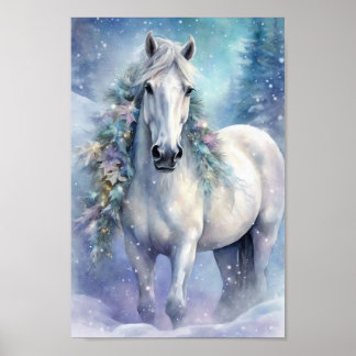 Winterpaard met bloemen poster