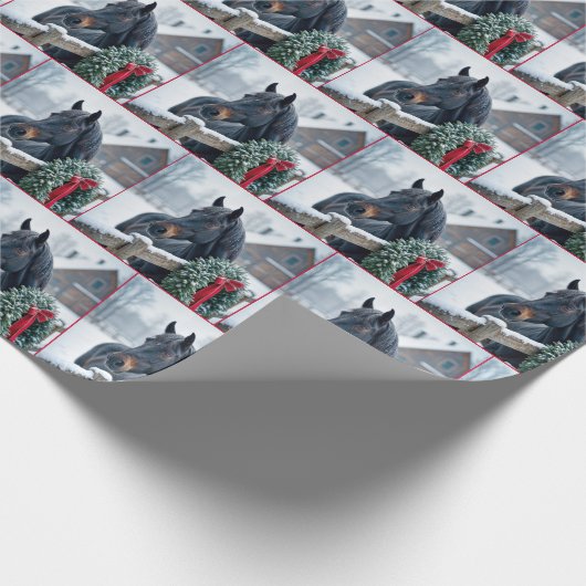 Winterpaard met kerstkrans cadeaupapier (Hoek)