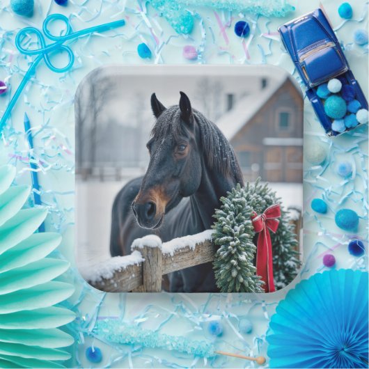 Winterpaard met kerstkrans papieren bordje (Feest)