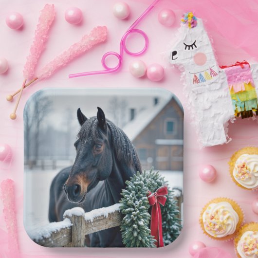 Winterpaard met kerstkrans papieren bordje (Feest)