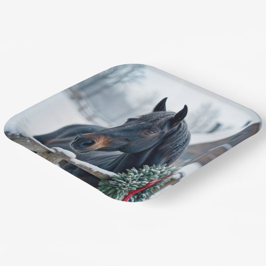 Winterpaard met kerstkrans papieren bordje (Gebogen)