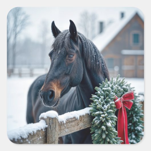 Winterpaard met kerstkrans vierkante sticker (Voorkant)