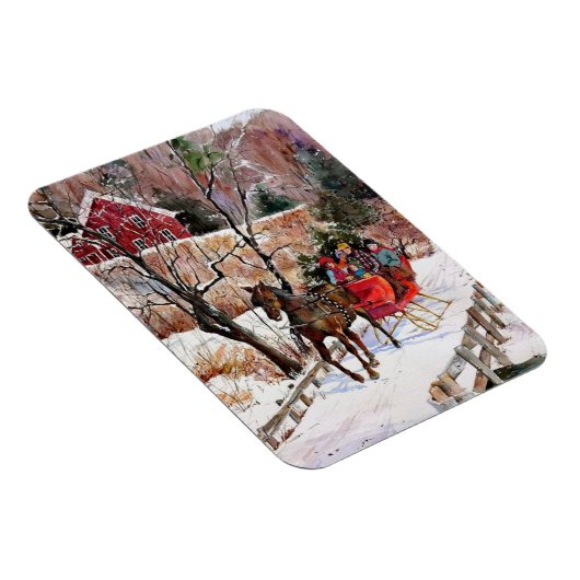 winterpaarden en -slee in sneeuw magneet (Rechterzijde)