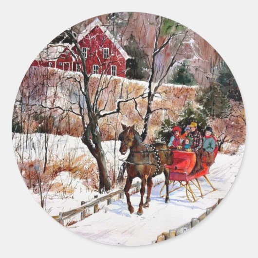  winterpaarden en -slee ronde sticker (Voorkant)