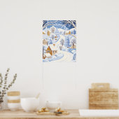 Winterpad door Snowy Village en bomen Poster (Keuken)