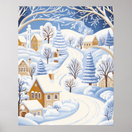 Winterpad door Snowy Village en bomen Poster