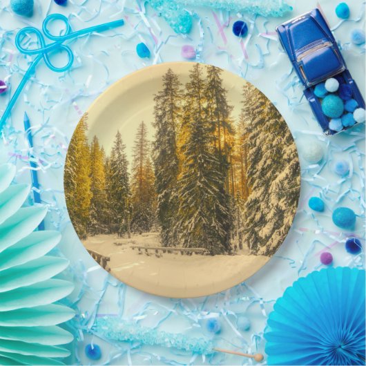 winterpad met pijnbomen papieren bordje (Feest)