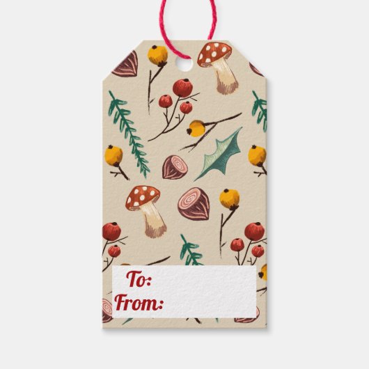 Winterpaddenstoelen & Rustiek gebladerte Kerstmis Cadeaulabel (Voorkant)