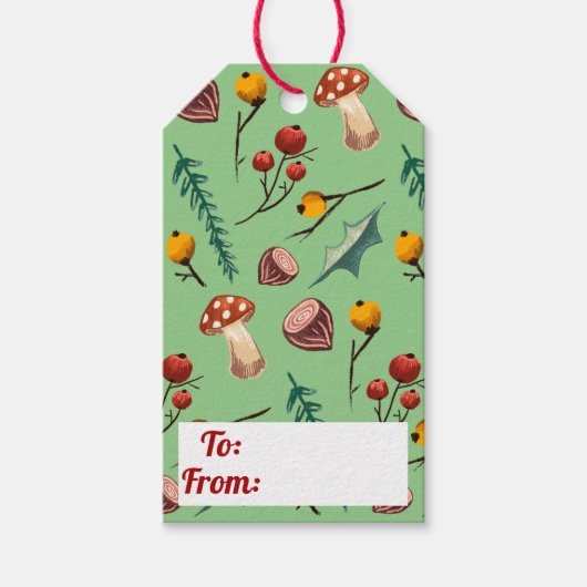 Winterpaddenstoelen & Rustiek gebladerte Kerstmis Cadeaulabel (Voorkant)