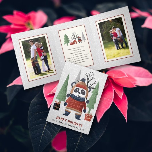 Winterpanda en bomen Kerstmis multi foto Drieluik Wenskaart