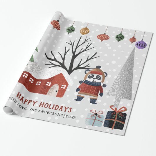 Winterpanda en bomen Prettige feestdagen Kerstmis Cadeaupapier (Uitgerold)