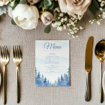 winterpijnbomen trouwmenu menu<br><div class="desc">Woodland-geïnspireerde bruiloft menukaart. Het ontwerp is voorzien van een sereen blauw en groen waterverf boslandschap langs de onderkant, gecombineerd met klassiek blauw script en serif lettertypen voor een verfijnde look. Deze menukaart is ideaal voor rustieke bruiloften, bruiloften met een buitenthema of bruiloften met een natuur thema en toont uw cursussen...</div>