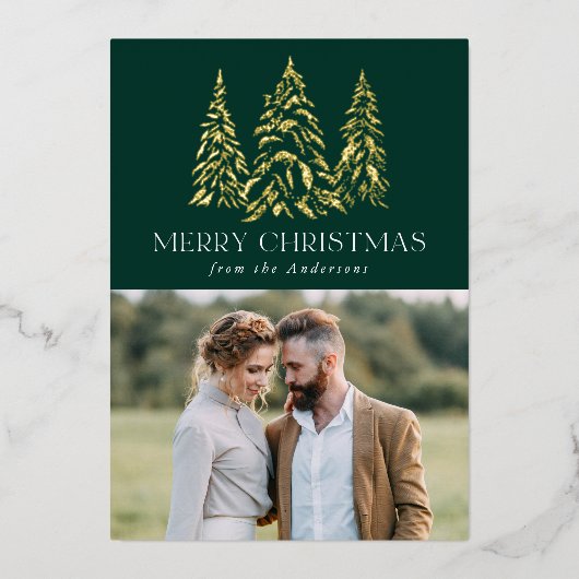 Winterpine groen en goud folie feestdagenkaart (Voorkant)