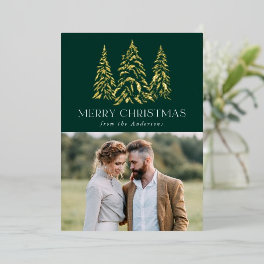 Winterpine groen en goud folie feestdagenkaart (Staand Voorkant)