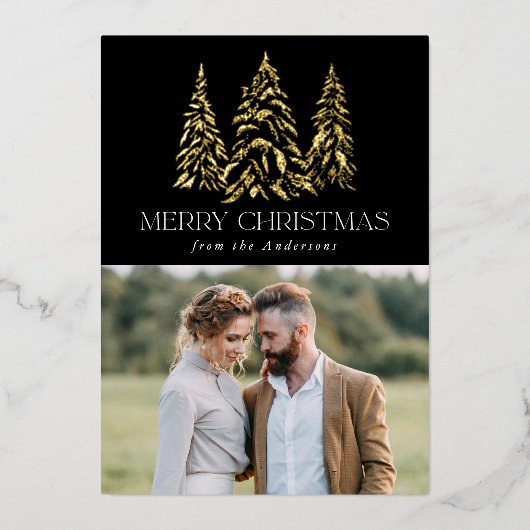 Winterpine zwart en goud folie feestdagenkaart (Voorkant)