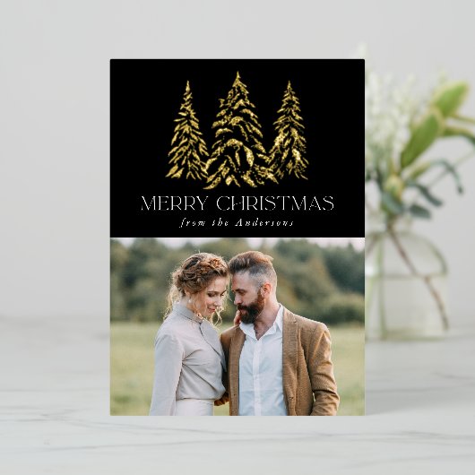 Winterpine zwart en goud folie feestdagenkaart (Staand Voorkant)