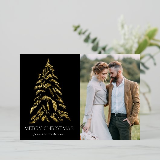 Winterpine zwart en goud folie feestdagenkaart (Staand Voorkant)