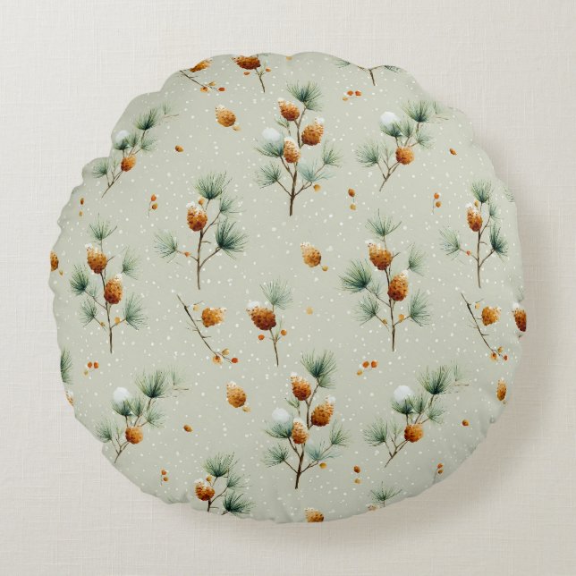 Winterpinecones en besneeuwde takken rond kussen (Voorkant)