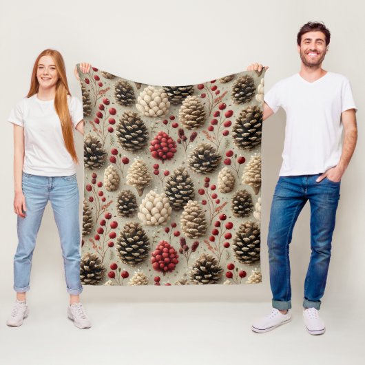Winterpinecones en rode bessen fleece deken (In situ)
