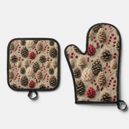 Winterpinecones en rode bessen ovenwant & pannenlap set