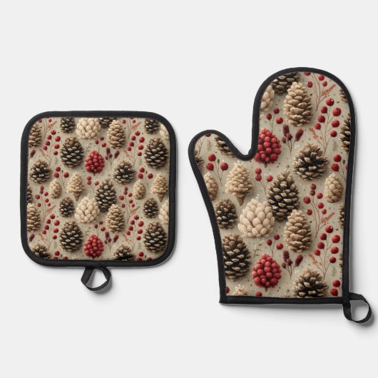 Winterpinecones en rode bessen ovenwant & pannenlap set (Voorkant)
