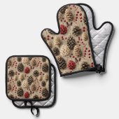 Winterpinecones en rode bessen ovenwant & pannenlap set (Voorkant / Achterkant)
