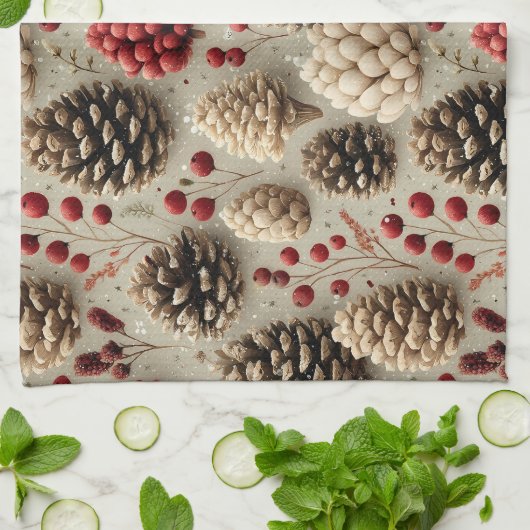 Winterpinecones en rode bessen theedoek (Gevouwen)