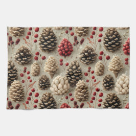 Winterpinecones en rode bessen theedoek