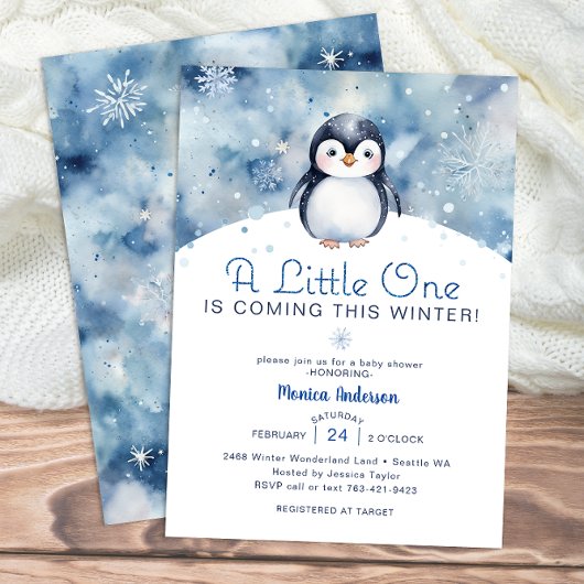Winterpinguïn Baby shower met sneeuwvlokken Kaart