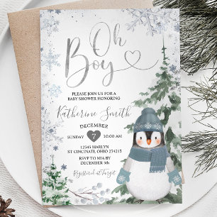 Winterpinguïn Baby shower Zilveren Sneeuwvlokken Kaart