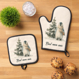 Winterpinguïn “Beste Moeder Ooit” Ontwerp Ovenwant & Pannenlap Set