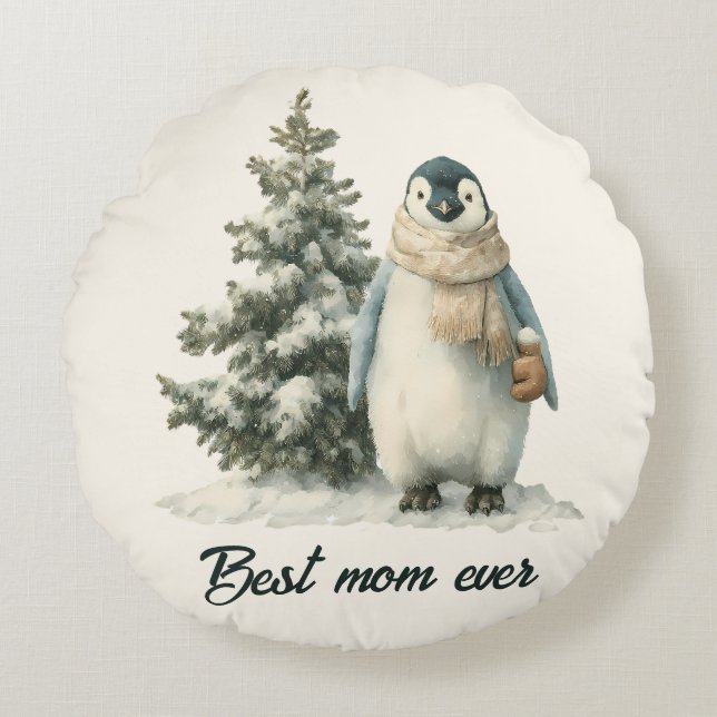 Winterpinguïn “Beste Moeder Ooit” Ontwerp Rond Kussen (Voorkant)