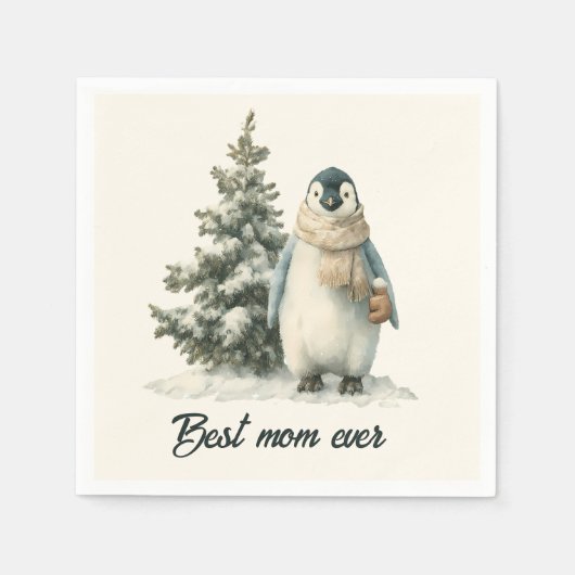 Winterpinguïn “Beste Moeder Ooit” Ontwerp Servet (Voorkant)